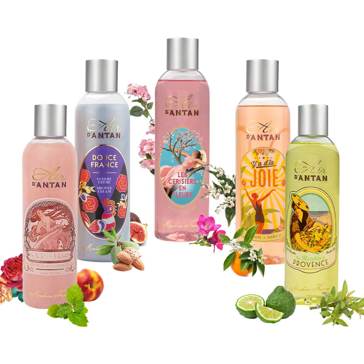 Un Air d'Antan® Lot Découverte 5 Gels Douche Hydratants– 5 Parfums : Verveine, Rose, Amande Douce, Muguet, Fleurs de Cerisiers – Promo pack : 5x250ml - Idée Pour Faire un Coffret Cadeau Anniversaire