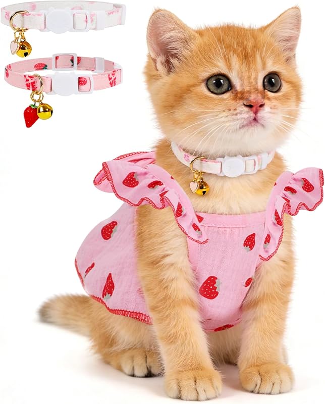 Vestido para Gatos e Cães Pequenos Sunexinlo com Estampa de Morango e 2 Coleiras com Laço, Tamanho S