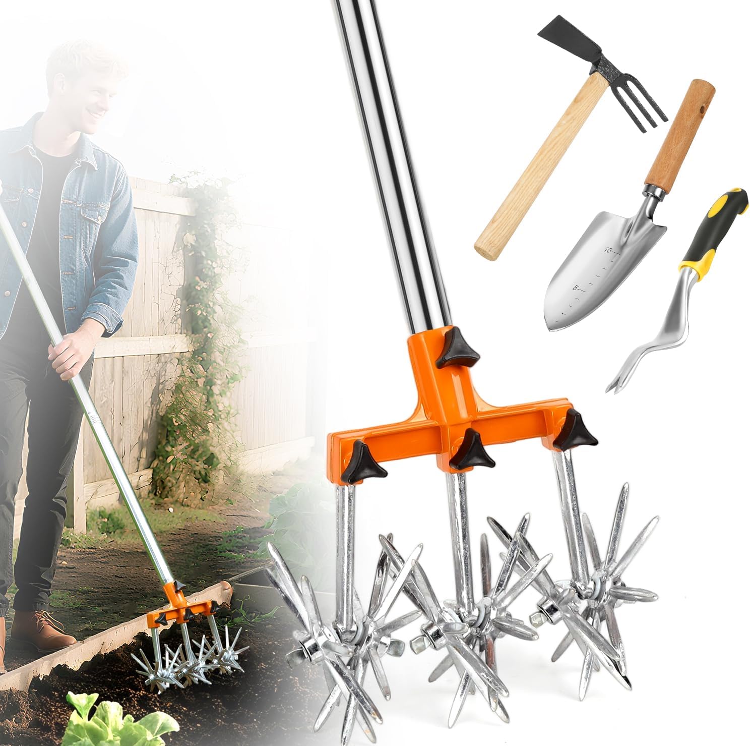 57 Inch Rotary Tiller 4-Piece Garden Tool Set with Adjustable Steel Poles - Lawn Soil Cultivator Kit for Gardening, Reseeding & Weeding