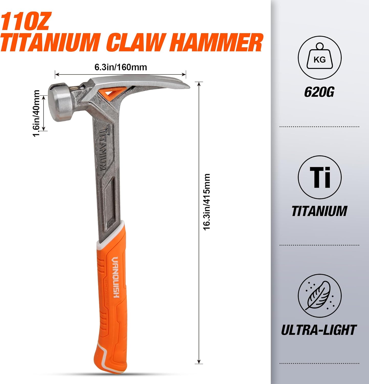 VANQUISH 11oz Titanium Framing Hammer Straight Rip Claw with Smooth Face, Magnetic Nail Hodder, One Piece Forged Anti-Vibration Design, Soft Grip 0536