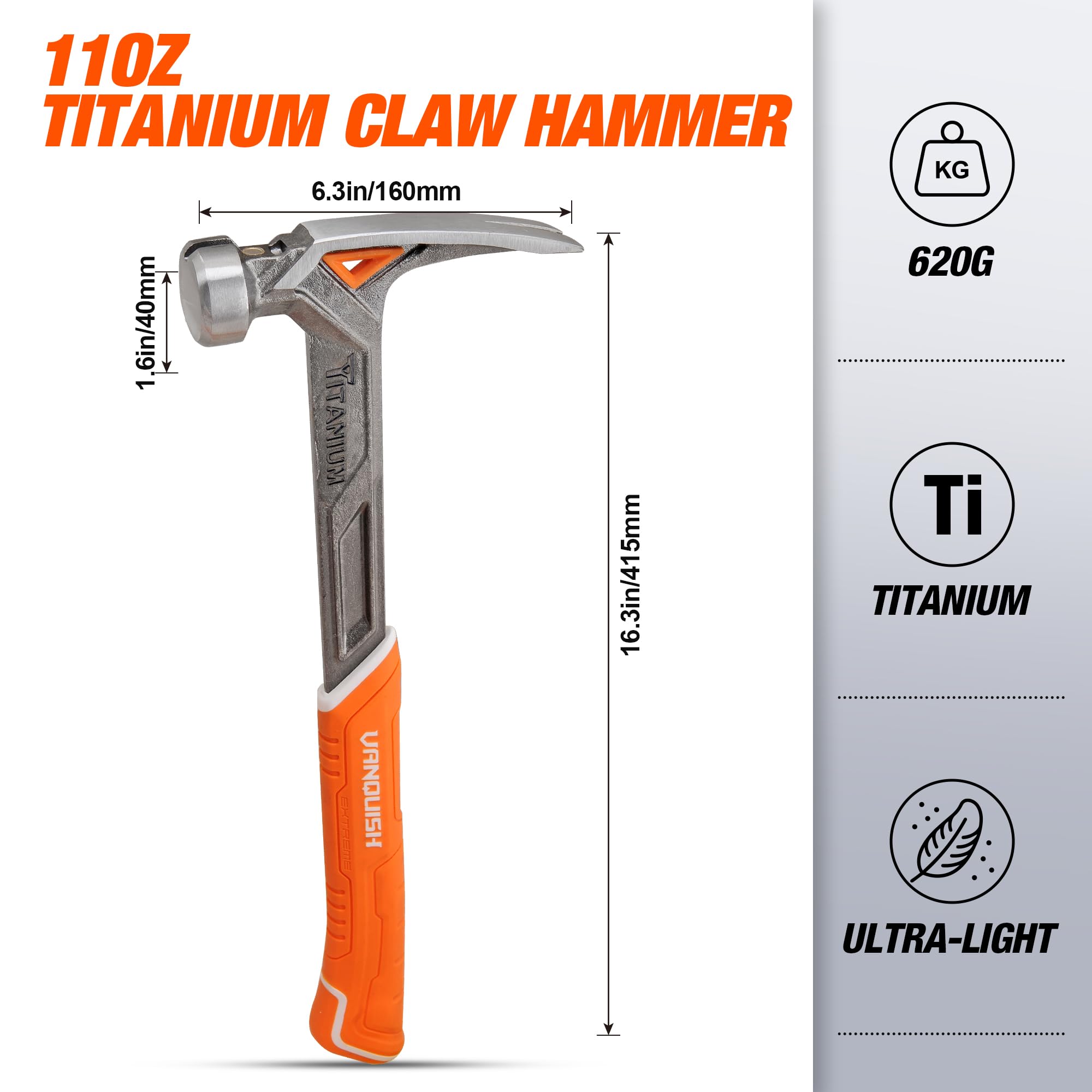 Vanquish 325 ml tytanowy młotek kadrowy z gładką twarzą, jednoczęściowy, kuty młotek z magnetycznym uchwytem na gwoździe i gumowym uchwytem - 0536