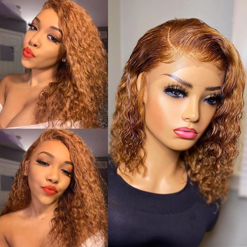 StylqueenHoney Blonde Curly Bob Lace Front Wig Human Hair 13x4 HD Lace human Hair Wigs for Black Women #27 Colored Wig Pre Plucked with Baby Hair 150% Density Deep Wave Human Hair Wig 14inch