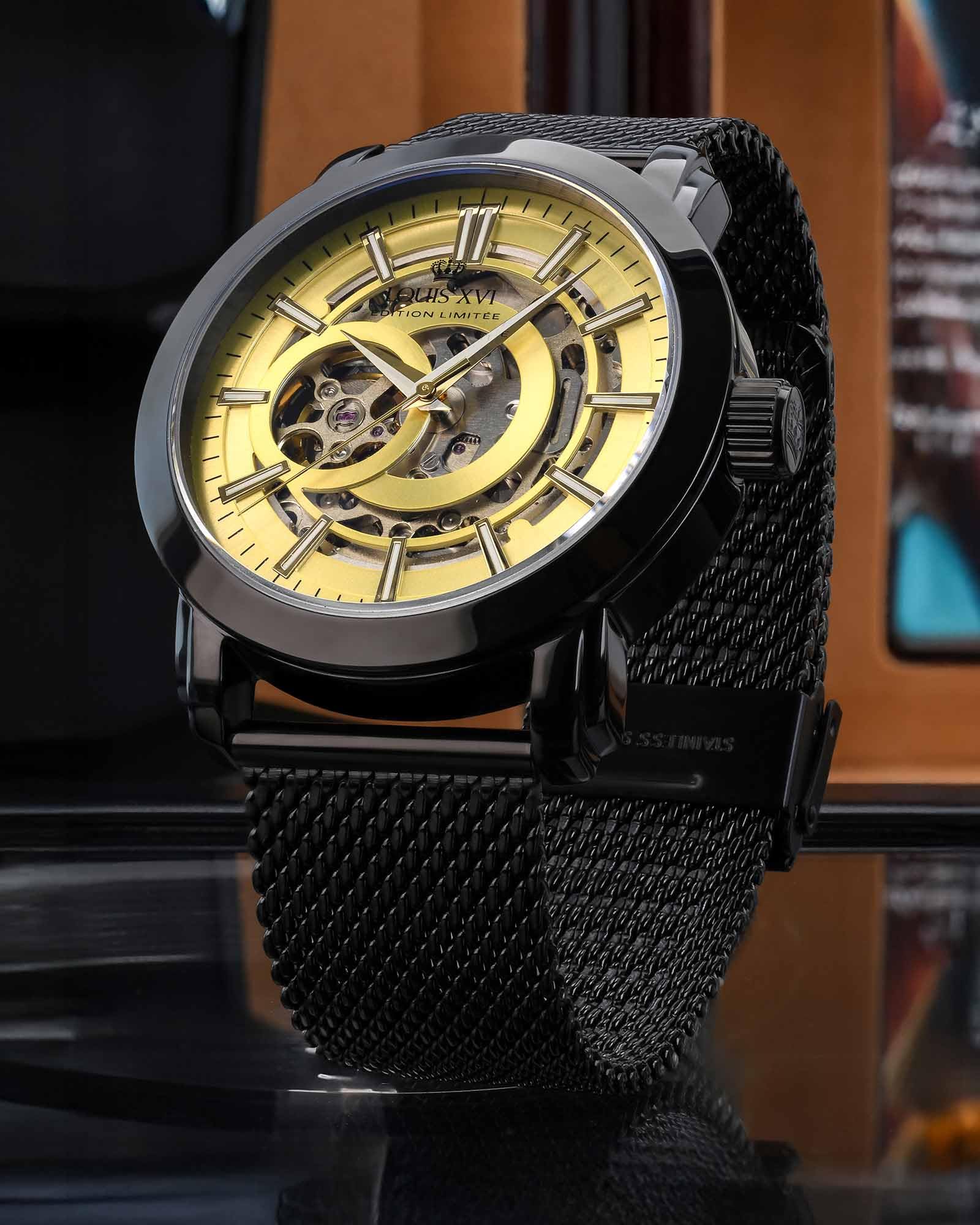 LOUIS XVI Versailles 2.0 Automatik 1932 - Ø 43.5 mm - Herren Uhr - Wasserdicht - Skelettuhr - Armband Schwarz - Zifferblatt Gold – Automatikuhr