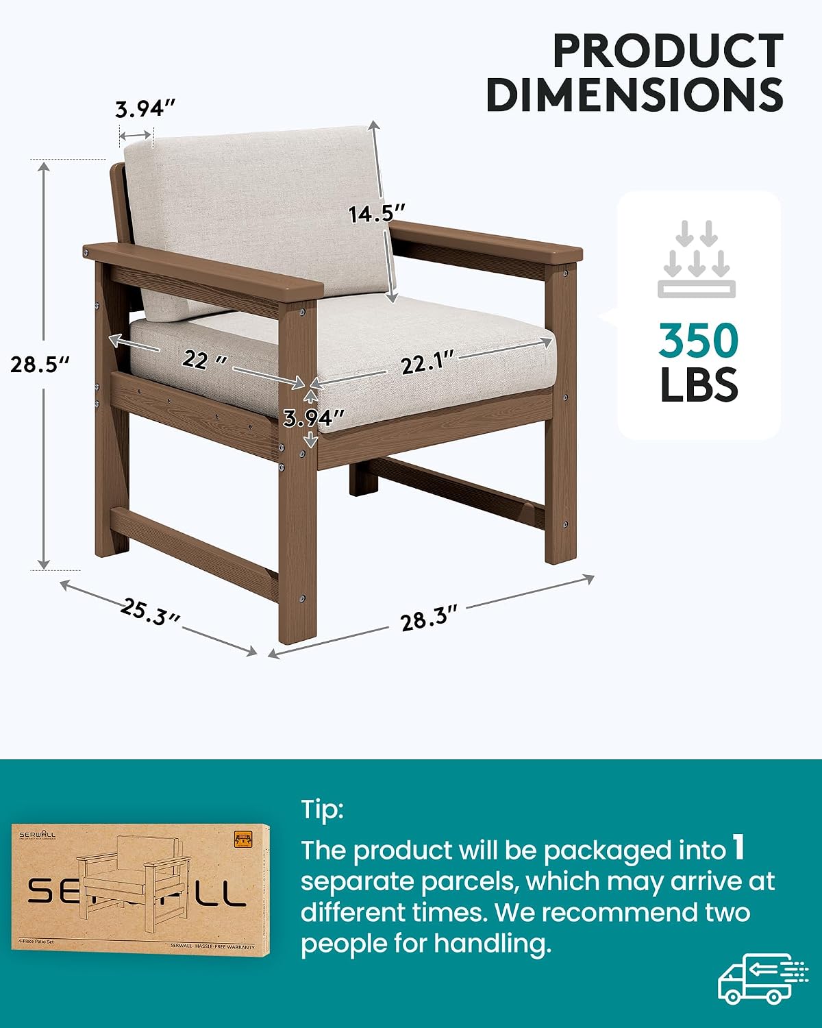 SERWALL 2 Pieces Single Cushioned Lounge Chair, HDPE Outdoor Adirondack Sofa Armchair with Cushion, Brown Frame/Khaki Cushion