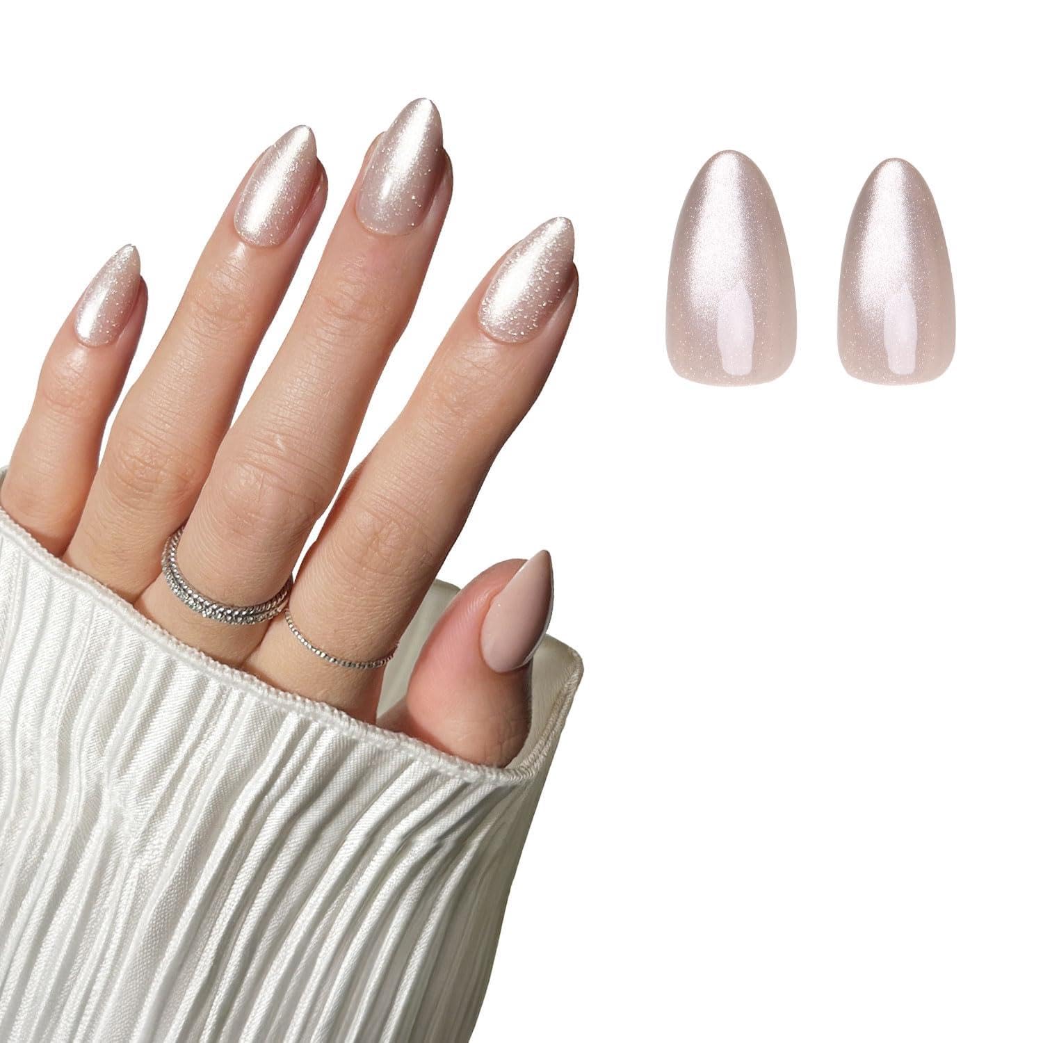 Glamnetic Press On Nails - MaDamn | French Tip UV Finish Short Pointed Almond Fake Nails, Salon Quality Semi-Transparent Nails in 12 Sizes - 24 Nail Kit with Glue