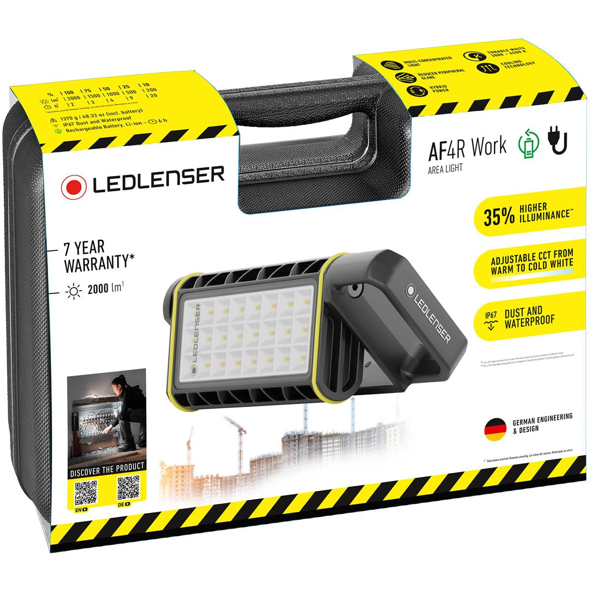 Ledlenser AF4R Work Rechargeable Floodlight, 2000lm, up to 20h Run Time | Luz blanca o cálida, regulable, portátil y con enchufe de red, magnética, IP67, USB-C, lámpara LED para taller y garaje