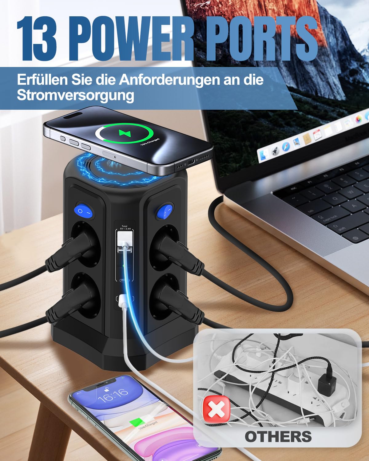 Regleta múltiple 13 en 1 de 3 m con carga magnética, regleta de 8 enchufes con carga rápida USB C de 20 W, 4 conmutación individual y protección contra sobretensiones, para oficina, hogar, juegos