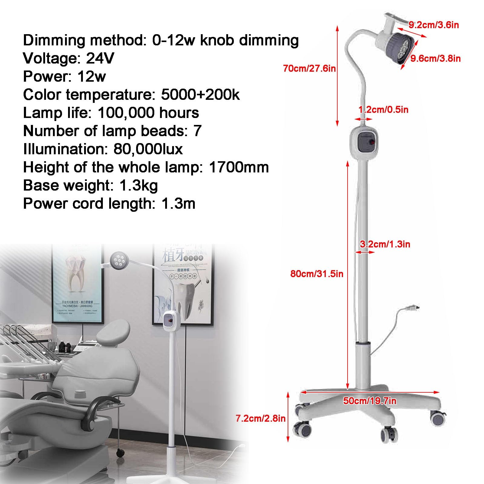 Lampada Per Visita Chirurgica a LED Mobile, Luce Chirurgica con Supporto, Lampada Scialitica Dimmerabile, Chirurgica Lampada, per Ginecologia, Ambulatoriale, Stomatologia