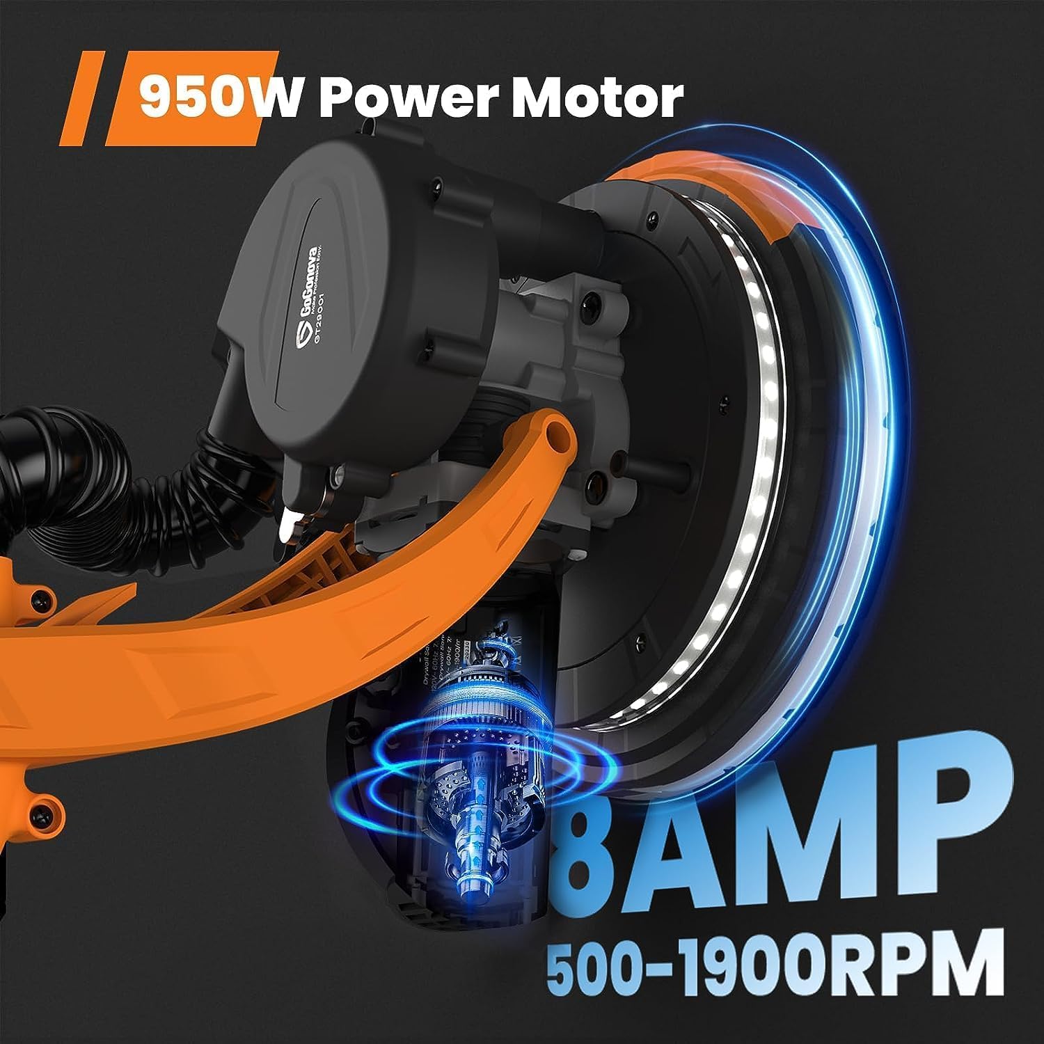 GoGonova Drywall Sander, 950W 7.9A Electric Drywall Sander with Vacuum, Auto Dust Extraction, 6 Variable Speed 500-1900RPM, Foldable Wall Sander with LED Light, 16pcs Sandpaper, Extendable Handle