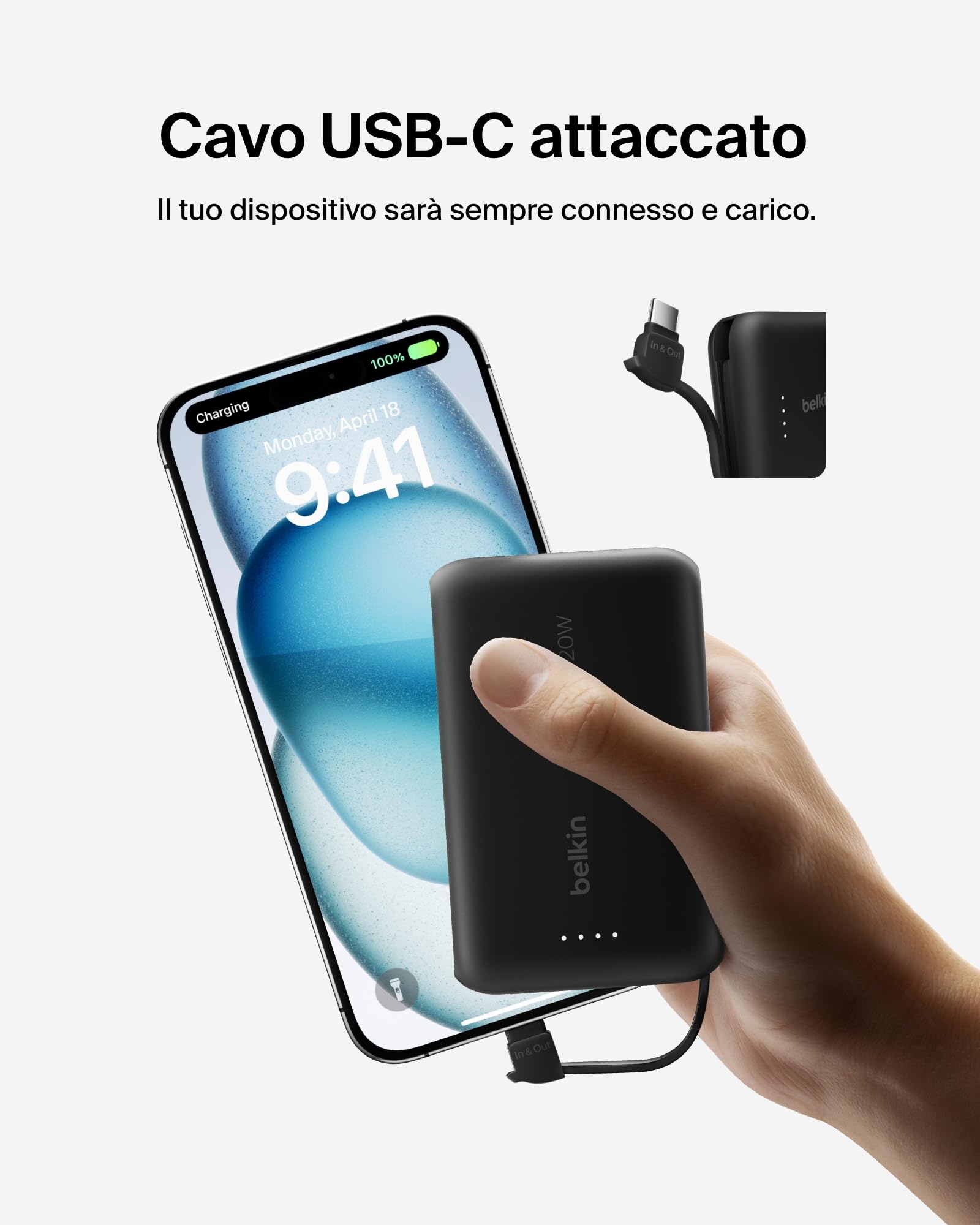 Belkin BoostCharge power bank 10 000 mAh con cavo integrato 20 W PD, caricatore portatile, ricarica USB-C PD rapida, power bank con ricarica rapida per iPhone 16 Series, iPad Pro, Galaxy S24 e altri