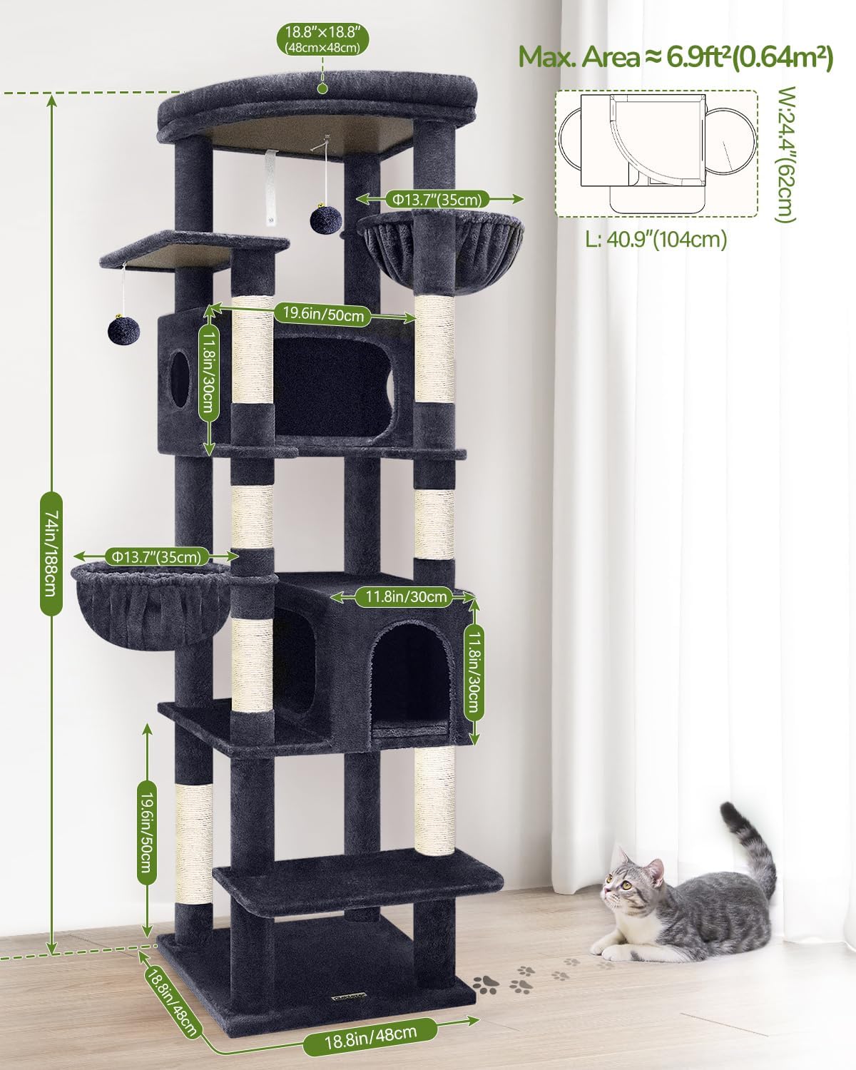 Globlazer Heavy Duty Cat Tree, 74in Sturdy Cat Tower for Large Cats Adult, Big Cat Tree with 7 Sisal Scratching Posts, 2 Padded Condos, 2 Dual-Ear Hanging Baskets, Enlarged Top Perch, S74, Dark Grey