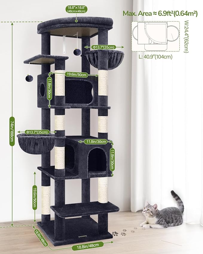 Gato Árbol de escalada 74in Seguro para gatos grandes con 7 postes de sisal y 2 condos acolchados miniatura 6