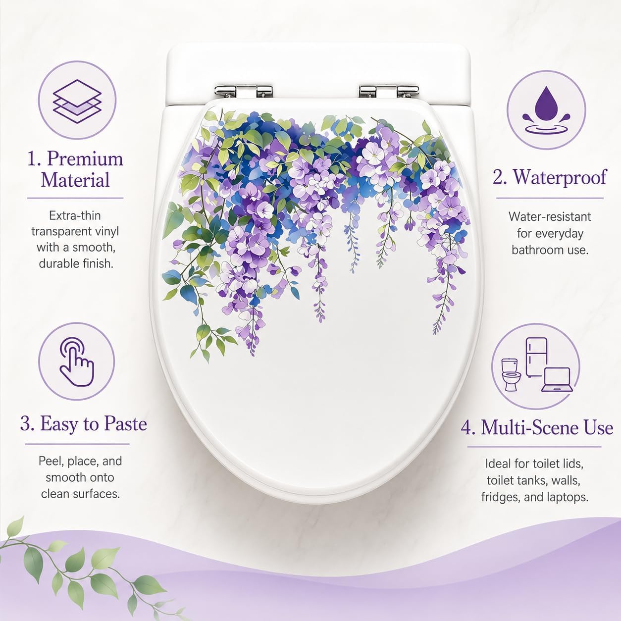 Purple Wisteria Hanging Floral Toilet Tank Lid Sticker 11.81×9.09 Inch, Waterproof Removable Ultra Thin Transparent Vinyl Bathroom Decal, Trailing Flower Peel and Stick Decor Decals