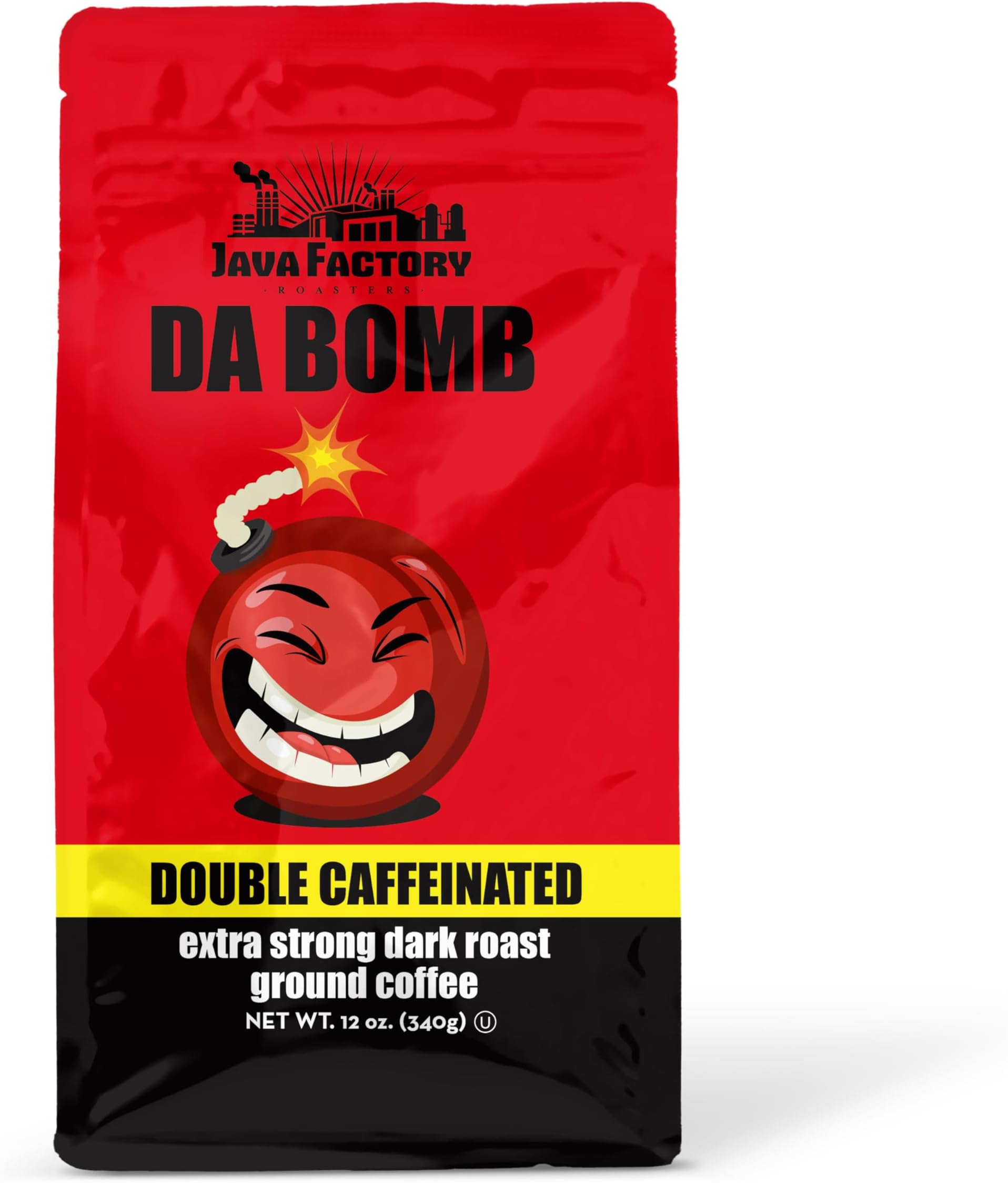 Java Factory High Caffeine Ground Coffee, Double Caffeinated Da Bomb Dark Roast Bag, 12 Ounce