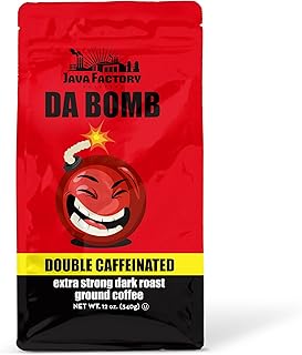 High Caffeine Ground Coffee, Double Caffeinated Da Bomb Dark Roast Bag, 12 Ounce