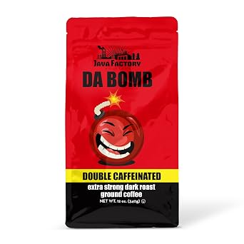 Java Factory High Caffeine Ground Coffee, Da Bomb Dark Roast, Double Caffeinated for a Bold, Strong Brew, 12 Ounce Bag, Perfect for French Press and Drip Coffee Makers