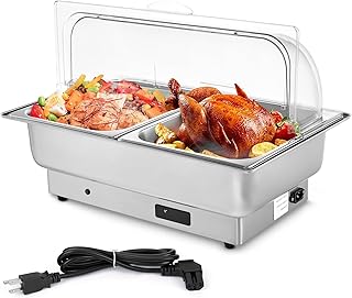 GarveeHome Electric Roll Top Chafing Dish Buffet Set, 9 Qt Stainless Steel Chafer with Viewing Lid Buffet Servers and Warmers Set Warming Tray for Wedding, Parties, Banquet, Catering Events