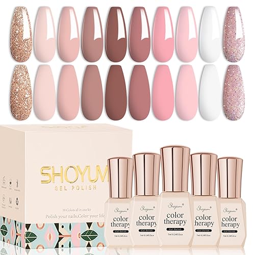 Juego de esmaltes de uñas de gel nude, 10 colores neutros, color nude, rosa, tono de piel, con purpurina, kit de iniciación de esmalte de uñas en