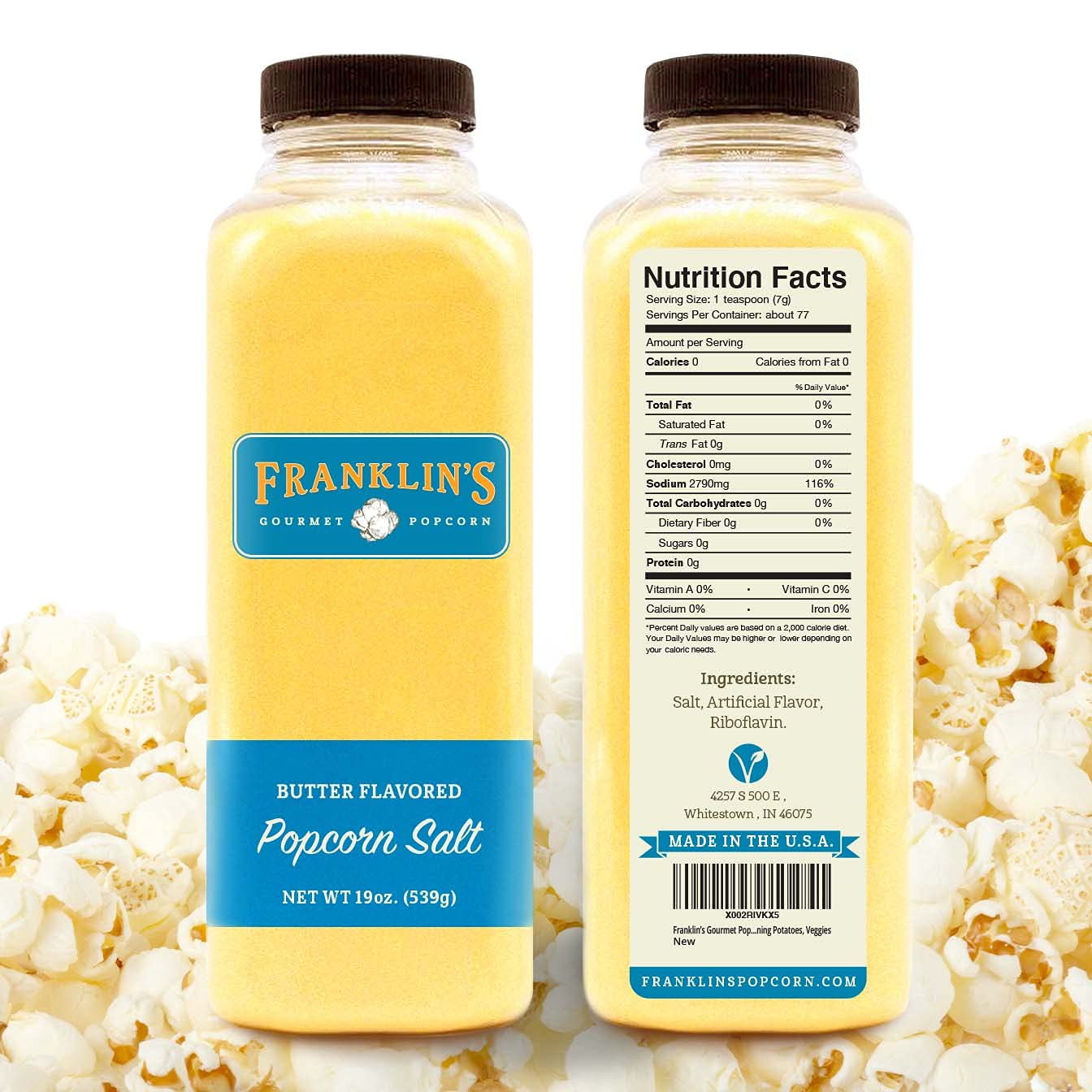 Franklin’s Gourmet Popcorn Butter Flavored Salt 19 oz. Bottle Premium Butter Flavored