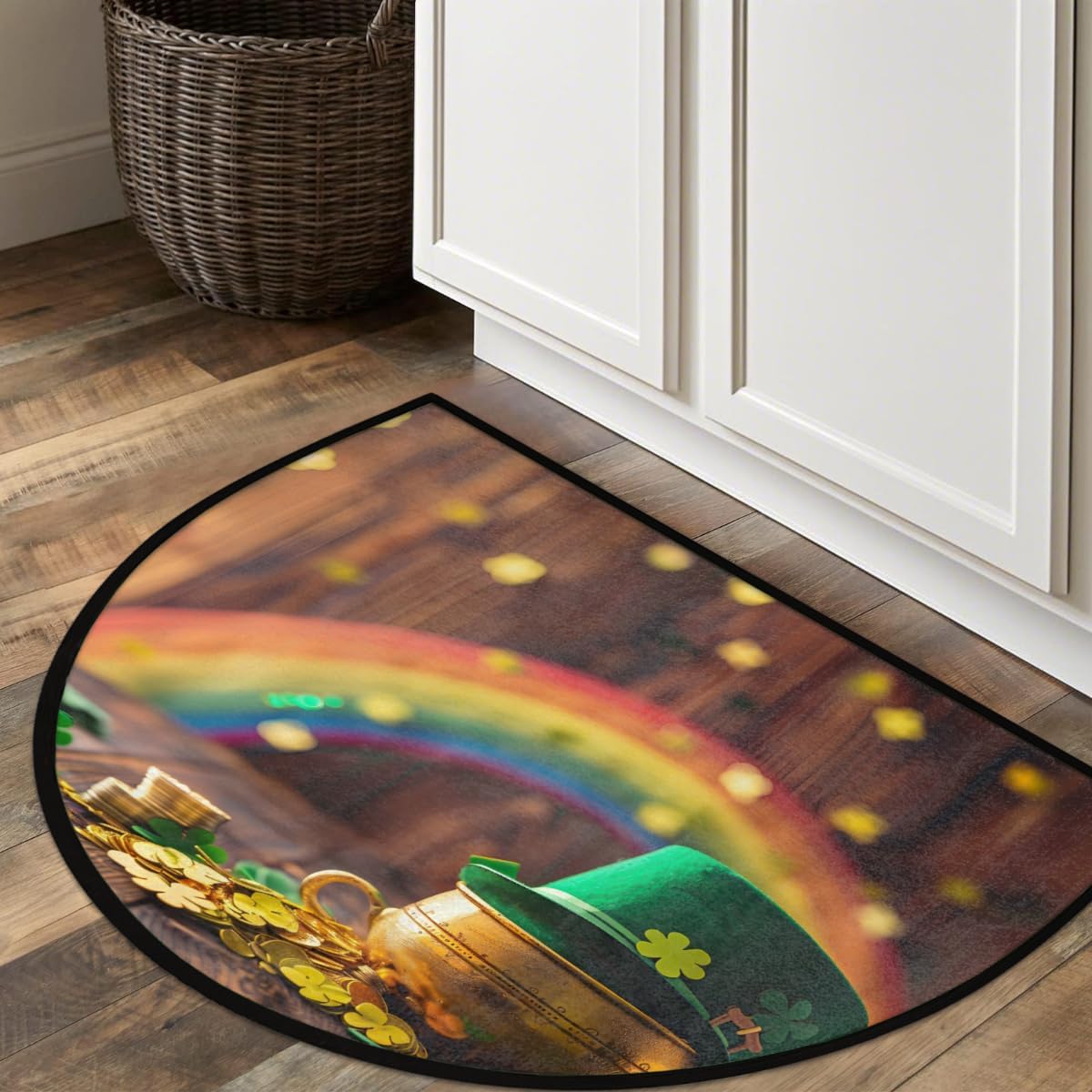 Front Door Mat Indoor Outdoor Entrance, St. Patrick's Day Clover Wood Half Round Door Mat Absorbent Non-Slip Backing Welcome Doormat Entryway Floor Mats for Kitchen Fireplace 36" x 24"