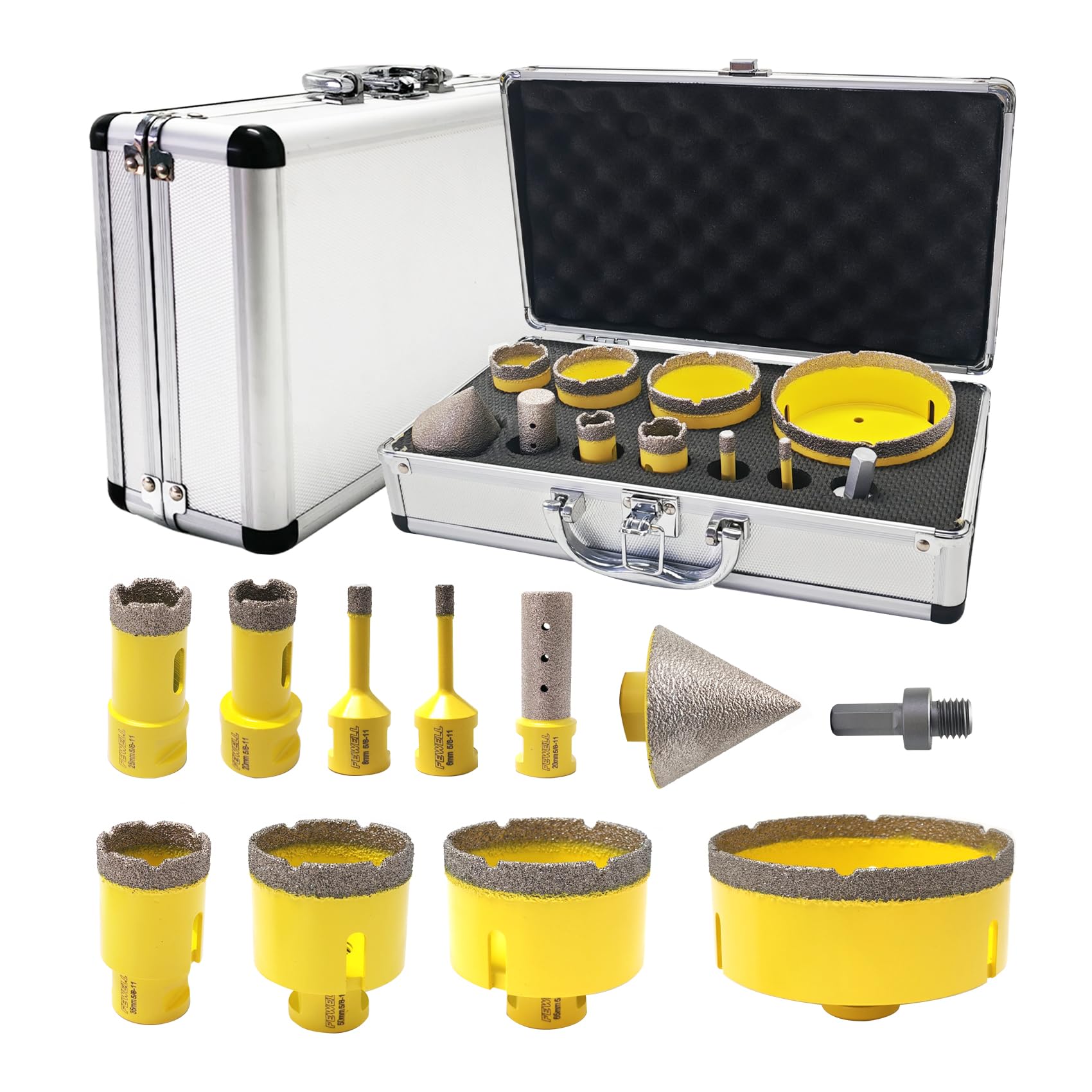 FEWELL Kit di seghe a tazza diamantate per piastrelle con punta diamantata da 5/8-11, set di punte diamantate (6/8/20/25/35/50/65/100 mm+punta a dito da 20 mm + punta per smussare 50 mm) per