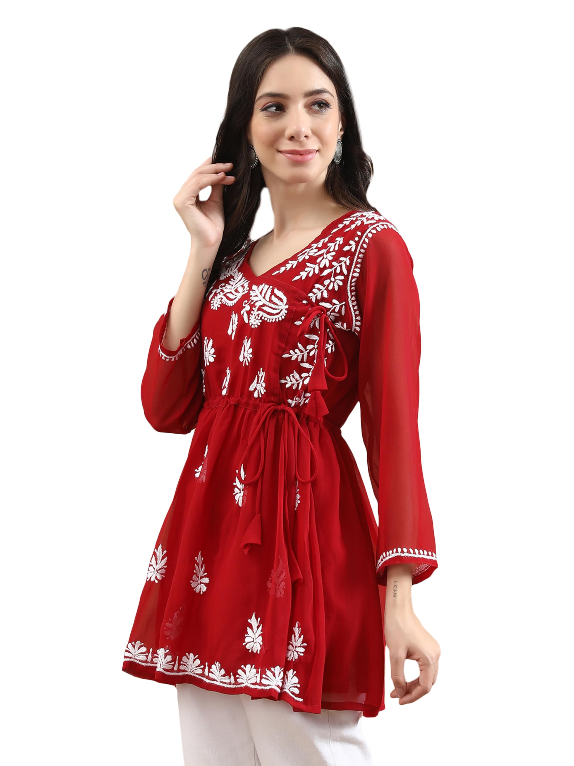 Hand Embroidered Lucknowi Chikankari Light Blue Angarkha Georgette Women Short Top & Tunic with Slip SCL9064-image-28