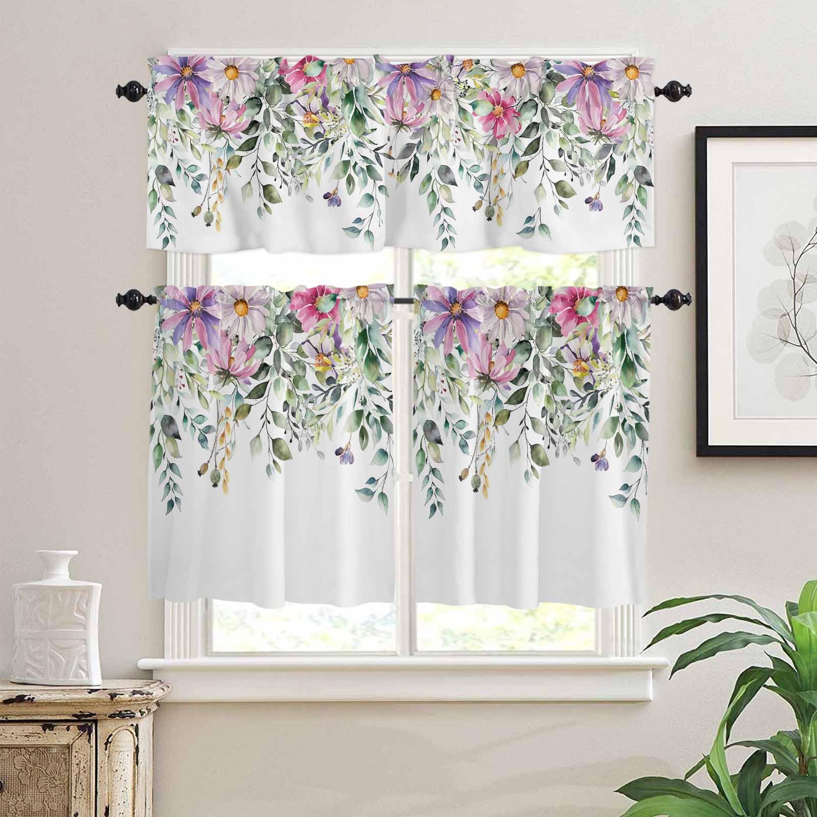 Eucalyptus Flower Kitchen Curtains 36 Inch Length,3 Piece Rod Pocket Small Half Tiers and Valance Set,Sage Green Botanical Boho Leaf Pink Small Large Window Treatment Decor for Bedroom/Bathroom Sink