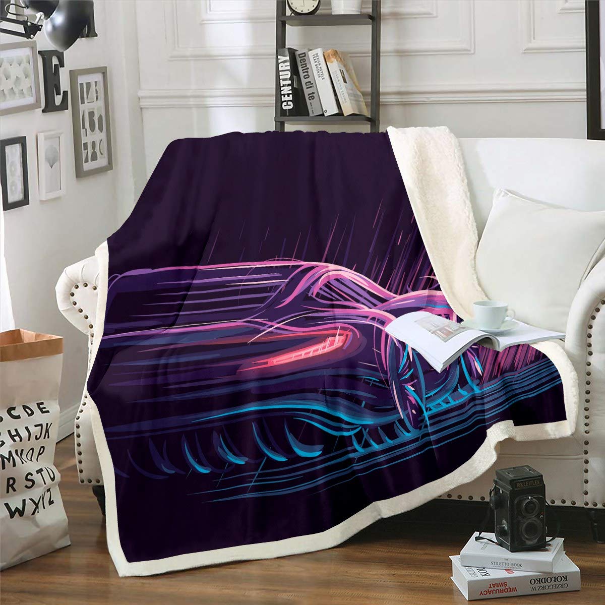 Loussiesd Car Fleece Throw Blanket Abstract Lines Art Sherpa Blanket for Kids Boys Teens Space Stripe Plush Blanket Creativity Vehicle Fuzzy Blanket for Sofa Bed Couch Single 50x60 Inch