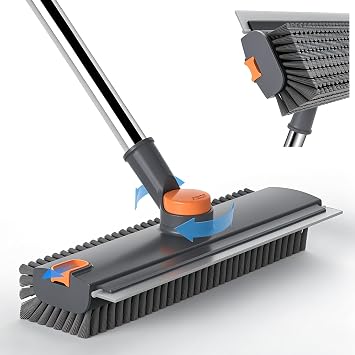 3 in 1 Floor Scrub Brush with 52" Long Handle, Heavy-Duty Stiff 90 Bristle Floor Scrubber, Shower Scrubber with Squeeze, Cleaning Brush for Bathroom Pool Garage Glass Tile Concrete Gray