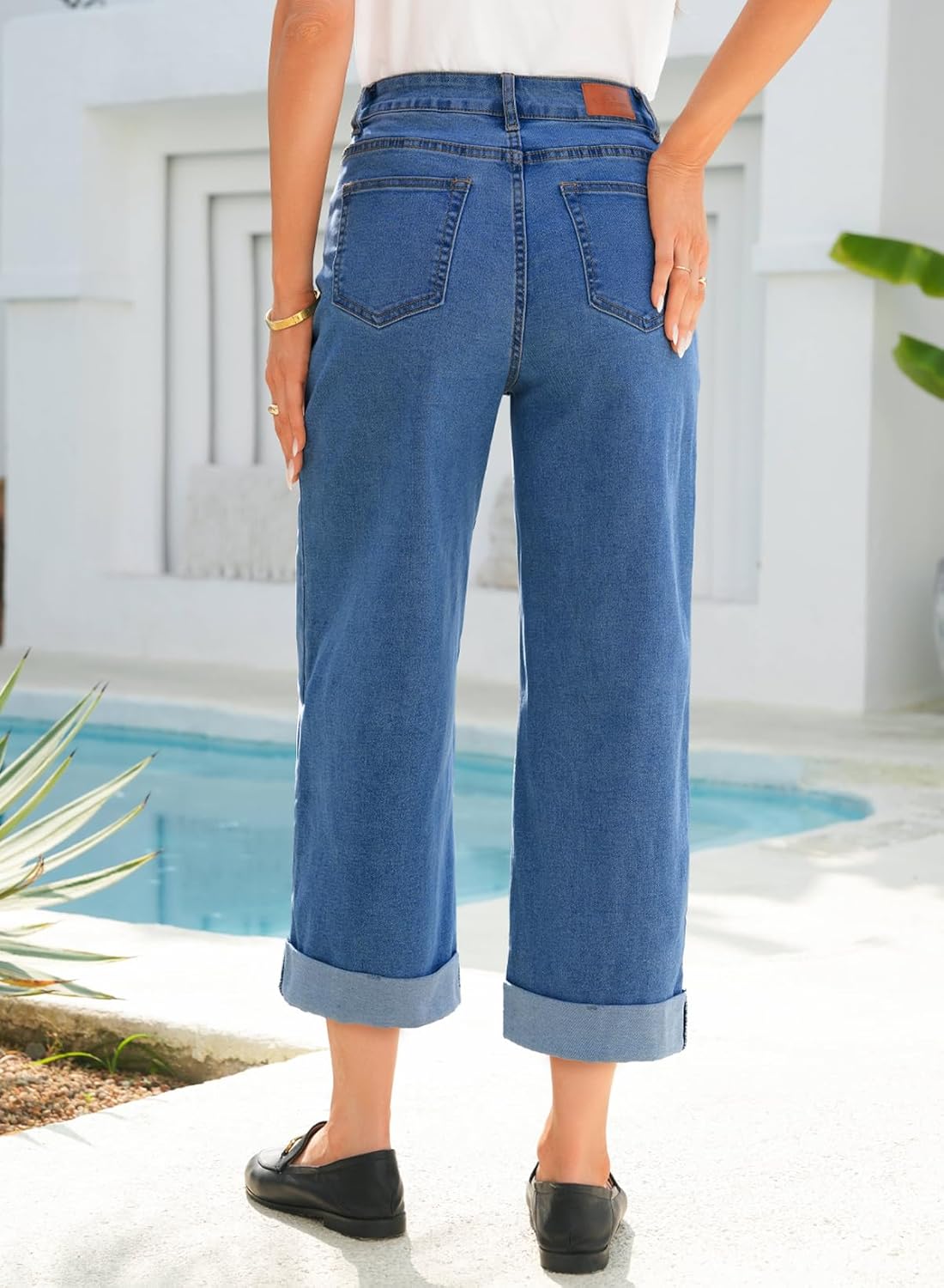 Sidefeel Women's Wide Leg Jeans High Waisted Stretchy Cropped Ankle Capri Rolled Hem Denim Pants - Image 4