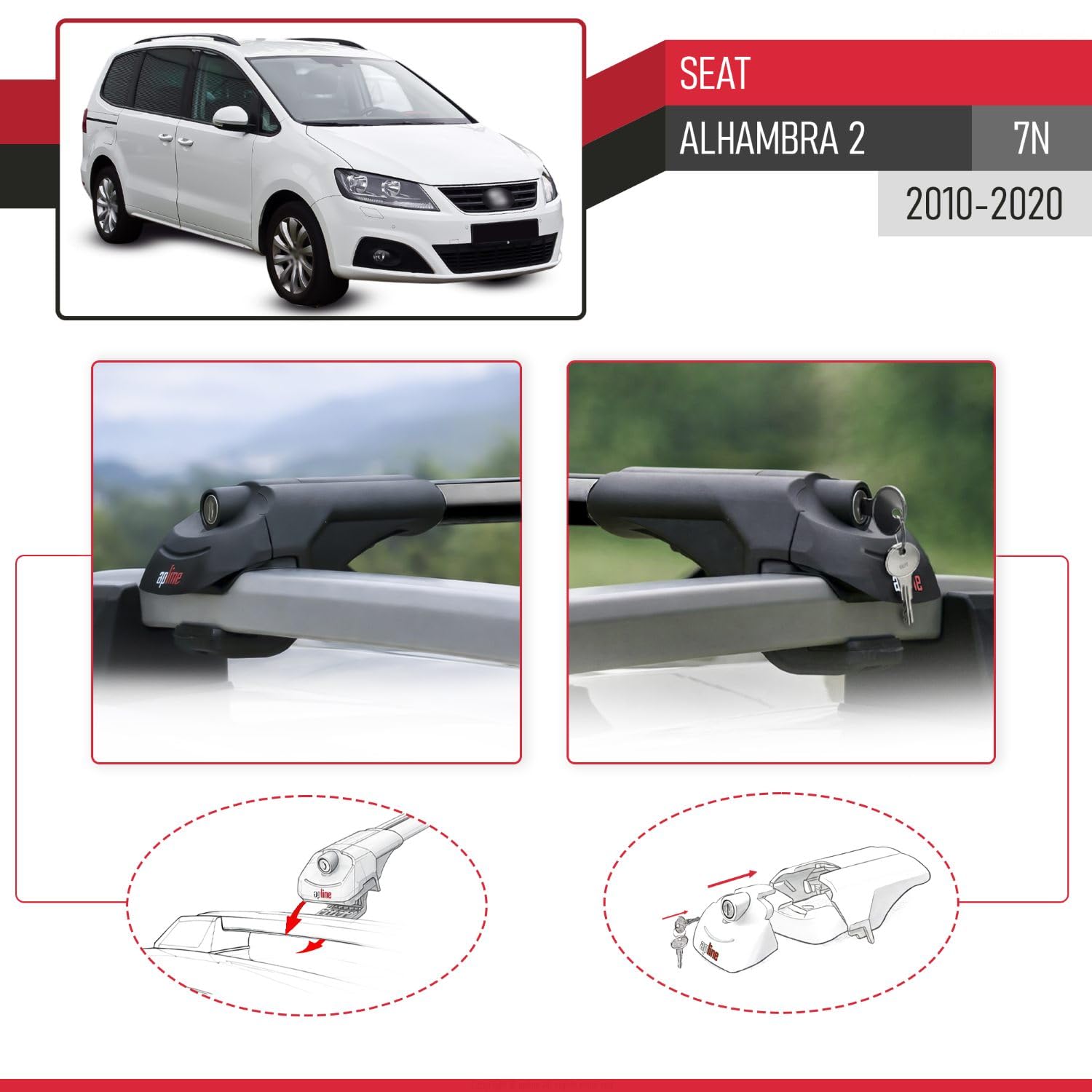 Kompatybilny z Seat Alhambra 2 (7N) 2010-2020 ACE-1 Aluminiowy bagażnik dachowy – 2 poprzeczki, czarne