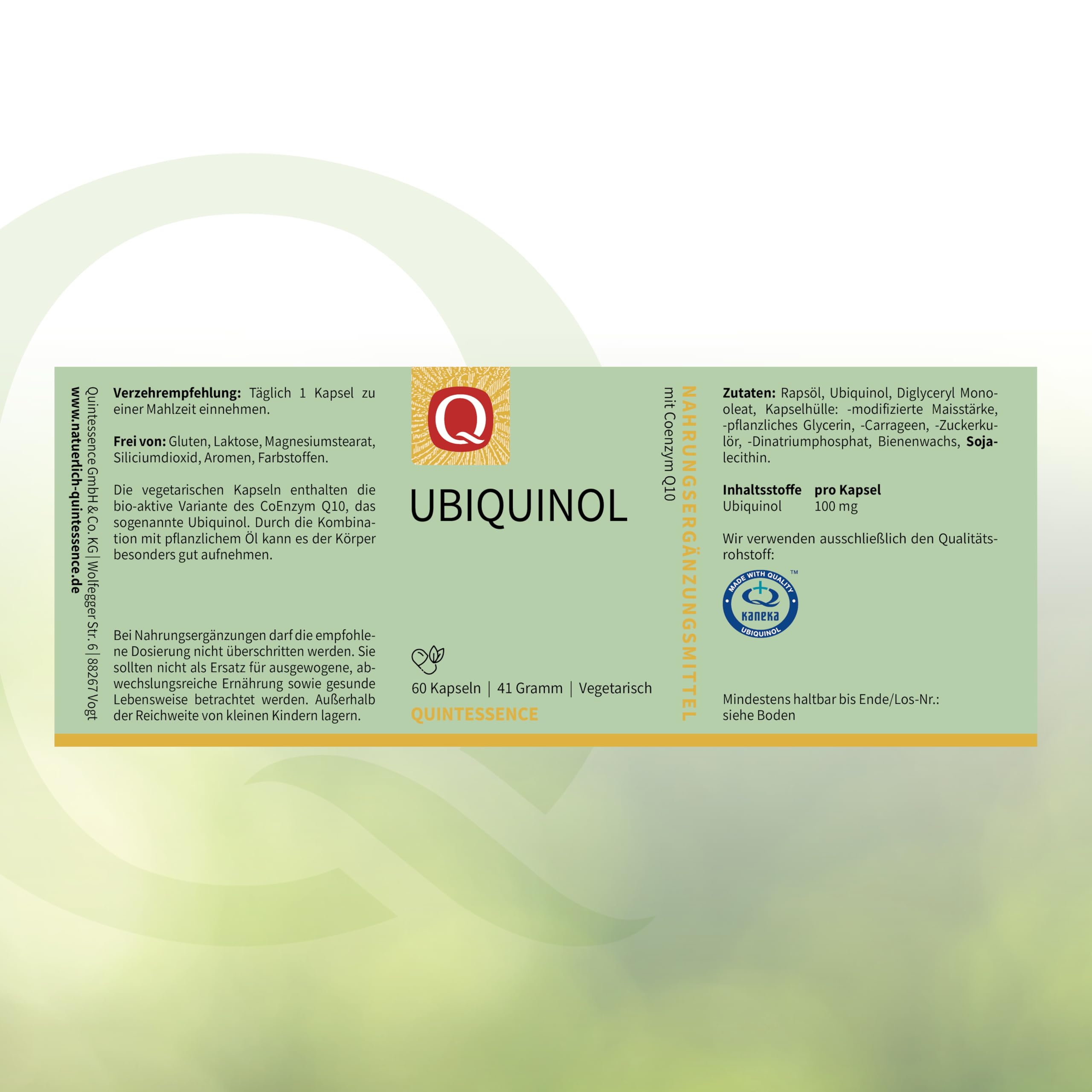 Ubiquinol, 60 Kapseln, 100 mg bioaktives Coenzym Q10, Kaneka, Quintessence