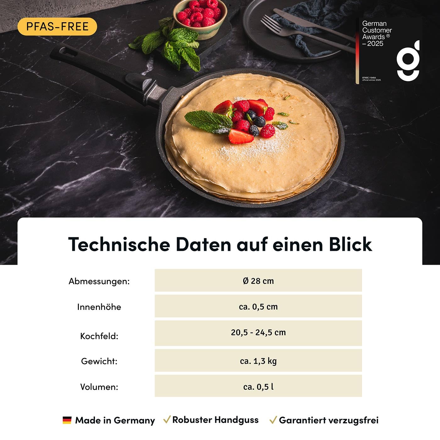 Hoffmann STONIQ Crêpepfanne Ø 28 cm IQ-SHIELD Antihaftbeschichtung | PFAS-frei, Abnehmbarer Griff, Induktionsgeeignet, Made in Germany