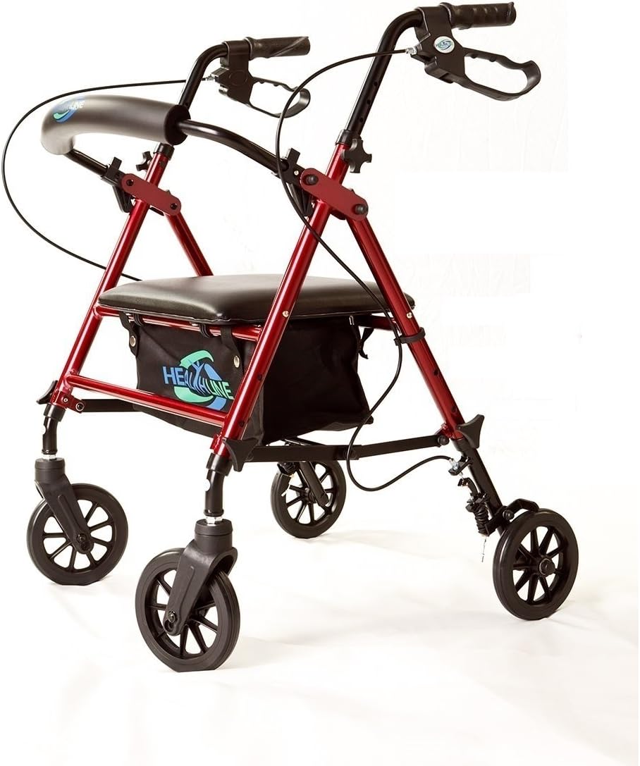 Super Light Rollator Lightweight Aluminum Folding Walker with Seat and Loop Brakes, 6" Wheels, Height Easy Adjustable by Legs and Arms, Red : Health & Household