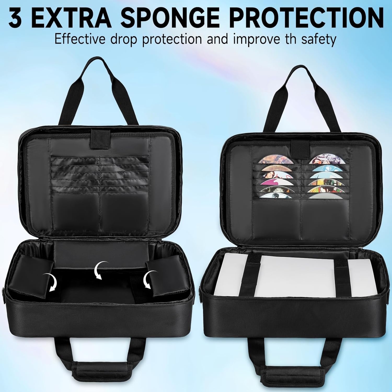Tragetasche für PS5 PRO/PS5/PS5 Slim, Reise-Schutztasche passend für PlayStation 5 Konsole, Controller, Spiele-Discs und Gaming-Zubehör, Schwarz, Taschen-Organizer