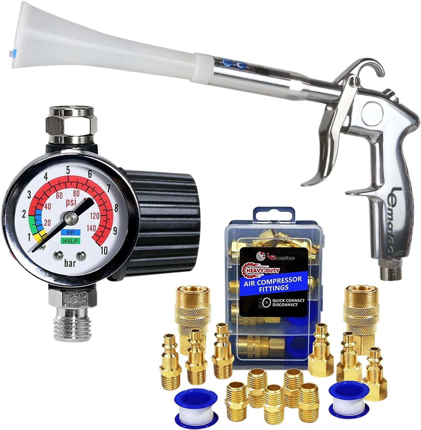 Air Blow Gun, Fittings & Regulator Bundle for Car & Shop Use