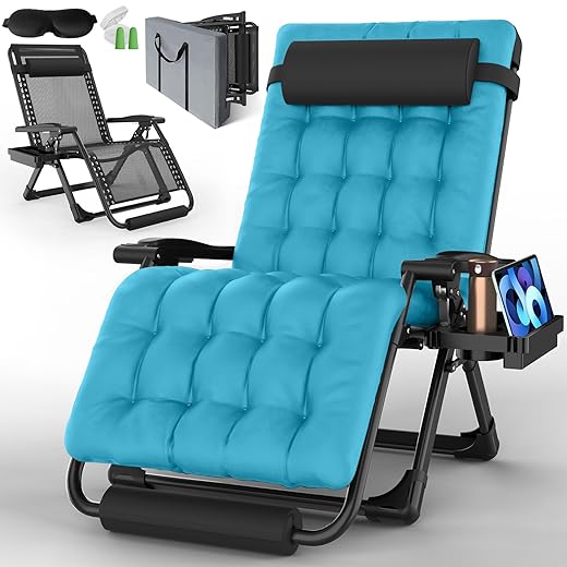 YOMIFUN Zero Gravity Chair, Lawn Chair, Folding Recliner Lounge Chair, Everything Included with Padded Head Pillow, Holder Tray, Shoulder Strap, Footrest Cushion, Light Blue