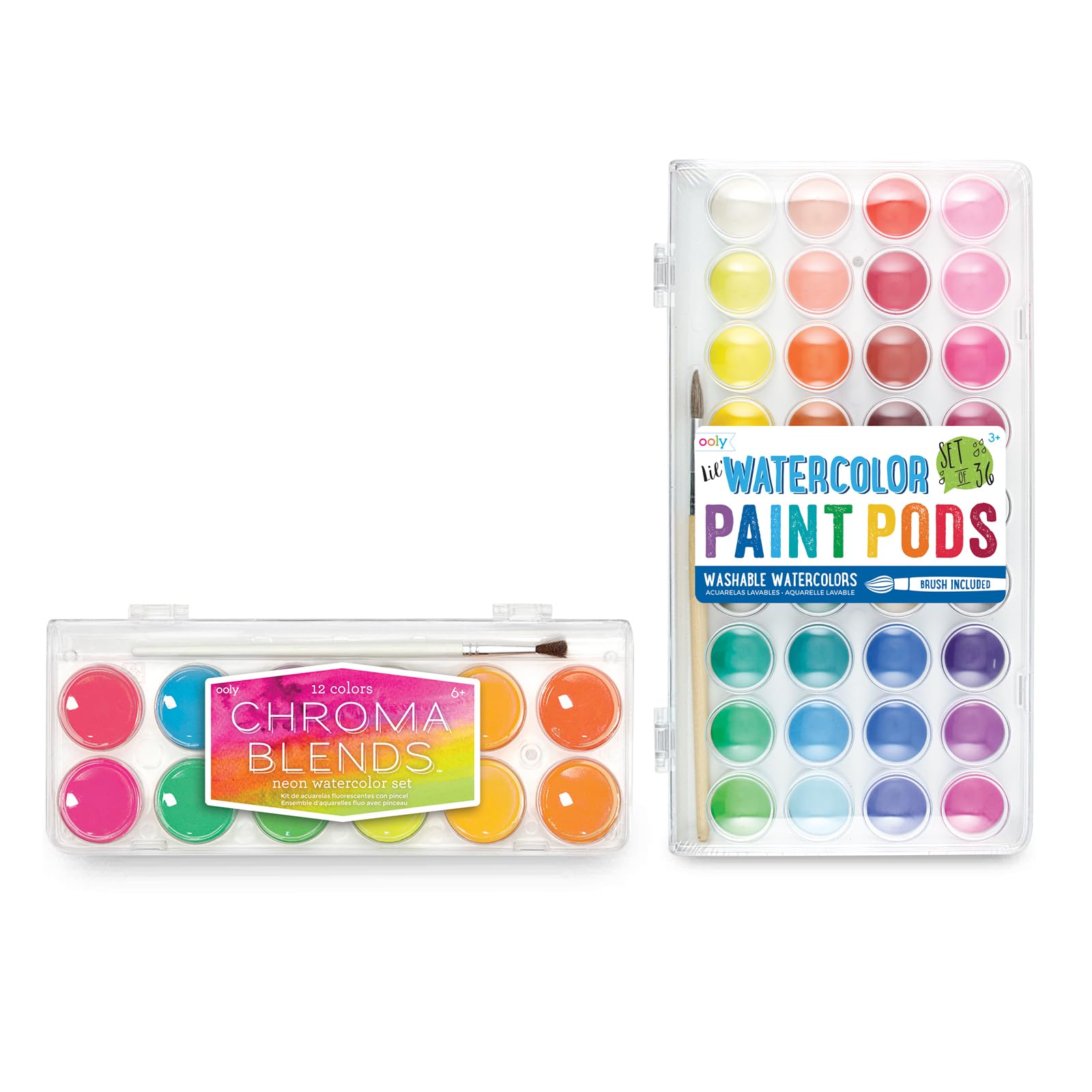 Ooly Chroma Blends Neon Watercolor Paint Set, Watercolor Pack, Bright Neon Colors in a Portable Case & Lil' Watercolor Washable Paint Pods Set with Brush, 36 colors & 1 Paintbrush, Portable Case