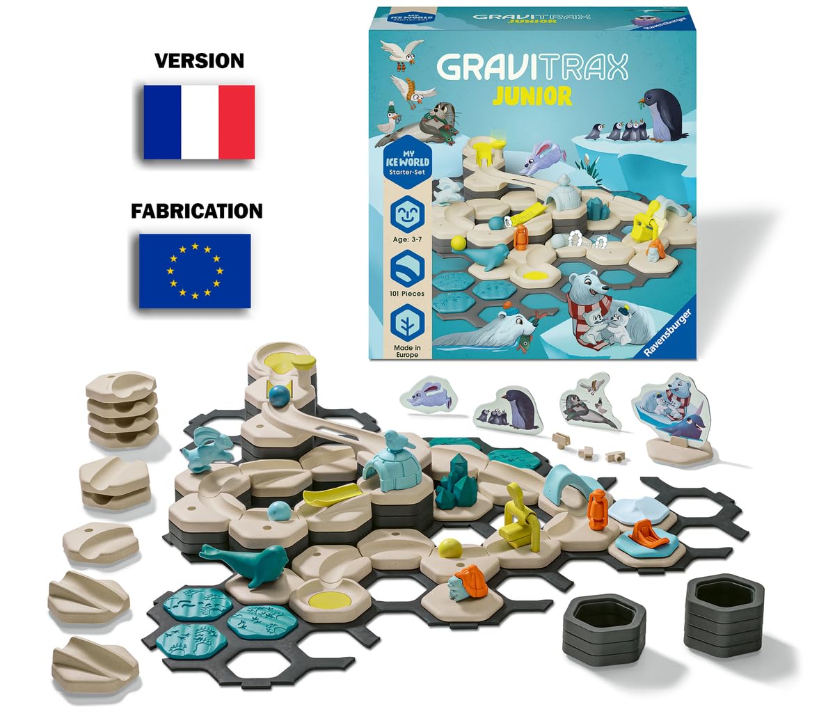 Ravensburger - Gravitrax Junior - Starter Set - Ice - 27060 - Jeu de Construction STEM - Circuits de Billes créatifs - Coloré - 100 pièces - Dès 3 Ans jusqu'à 7 Ans - Version française