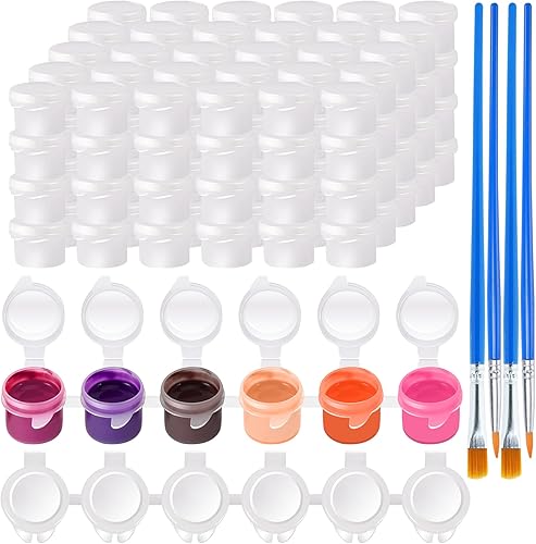 Blcculi 24 tiras, 144 macetas vacías con tapas, tiras de pintura vacías, mini recipientes de almacenamiento con tapas, 12 pinceles, mini recipiente