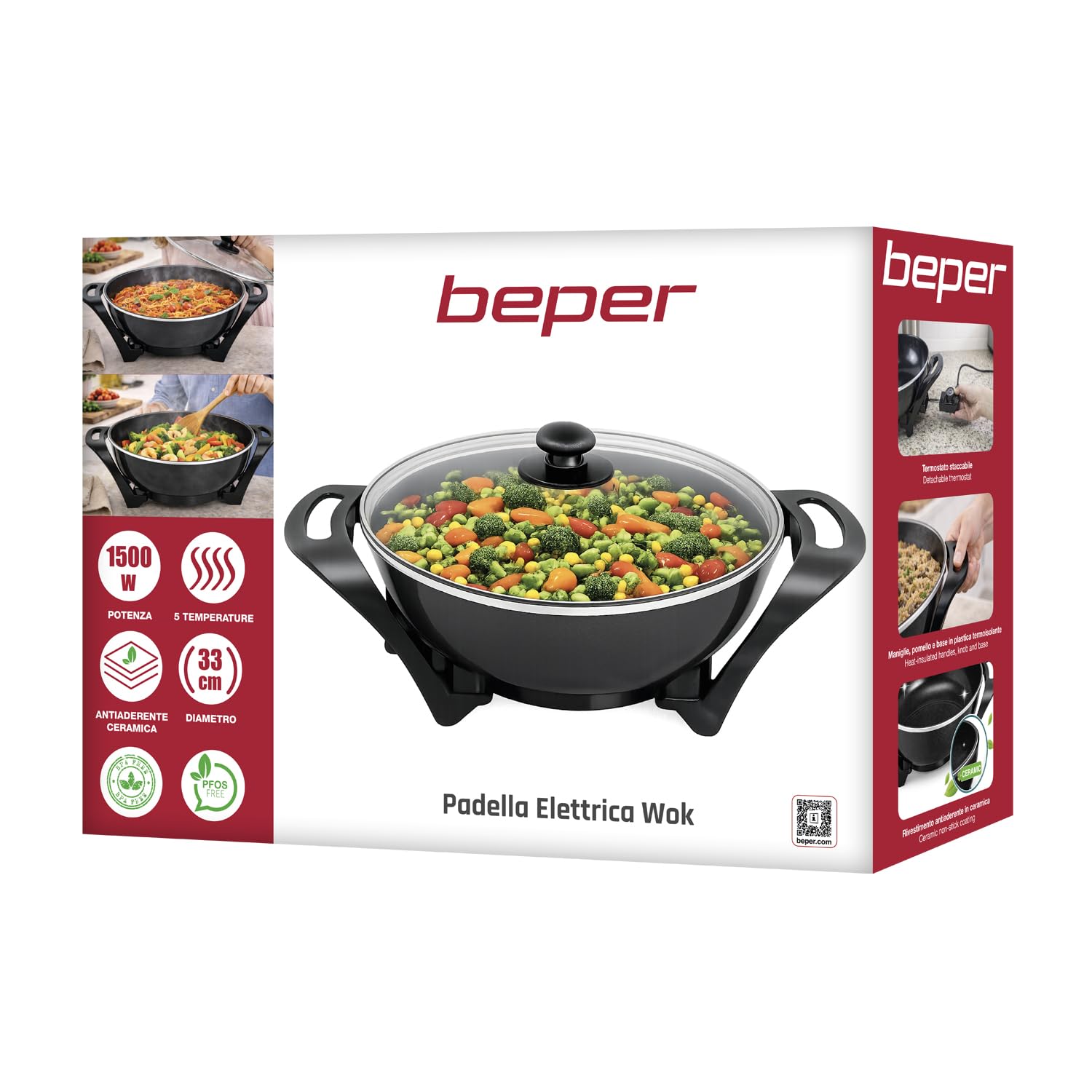 BEPER P101COS100 Wok électrique 33 cm, 1500 W, revêtement antiadhésif en céramique, thermostat réglable, 5 litres, couvercle en verre, idéal pour sauter, frire et mijoter.