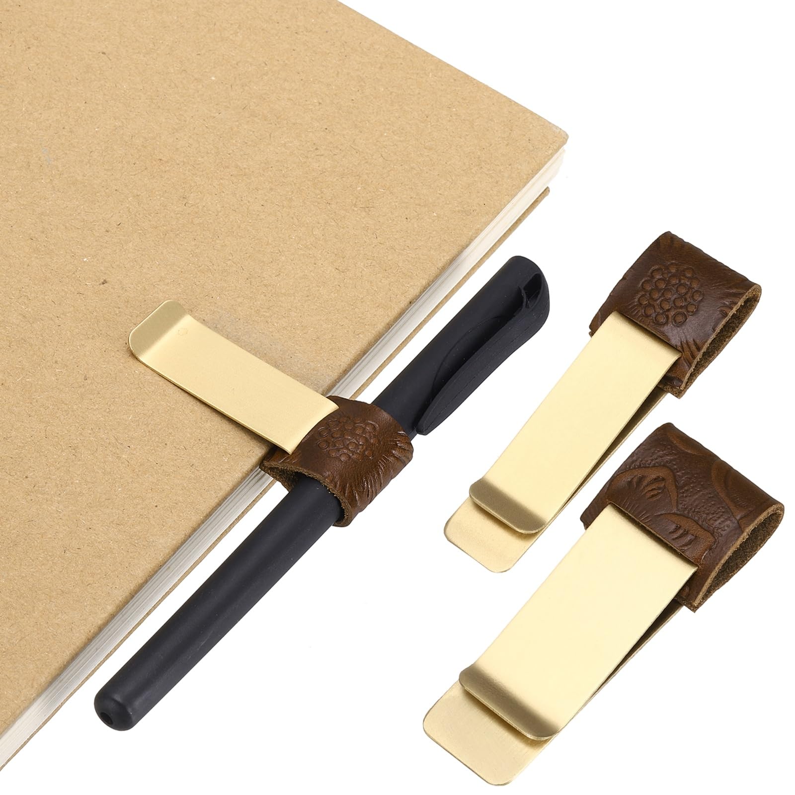 PATIKIL 2Pcs Pen Loop for Notebook, Brass Carved Retro Leather Pencil Holder Pen Clip for Notebook Clipboards Pocket Office Traveler Journals Planner, Coffee/Brass