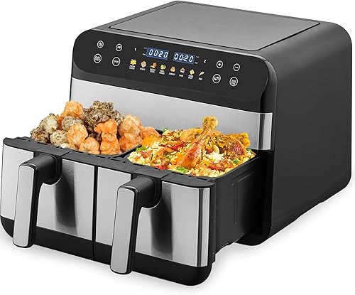 Horno freidora de aire de 9.5 cuartos de galón, 2 cestas de doble zona, pantalla táctil LED, combina con cocina y acabado inteligente para asar,
