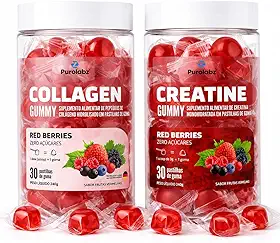 KIT Colágeno e Creatina Gummy PuroLabz | 2 Unidades com 30 Gomas em Cada | Embaladas Individualmente | Sabor Frutas Vermelhas |Mundo Guilhas