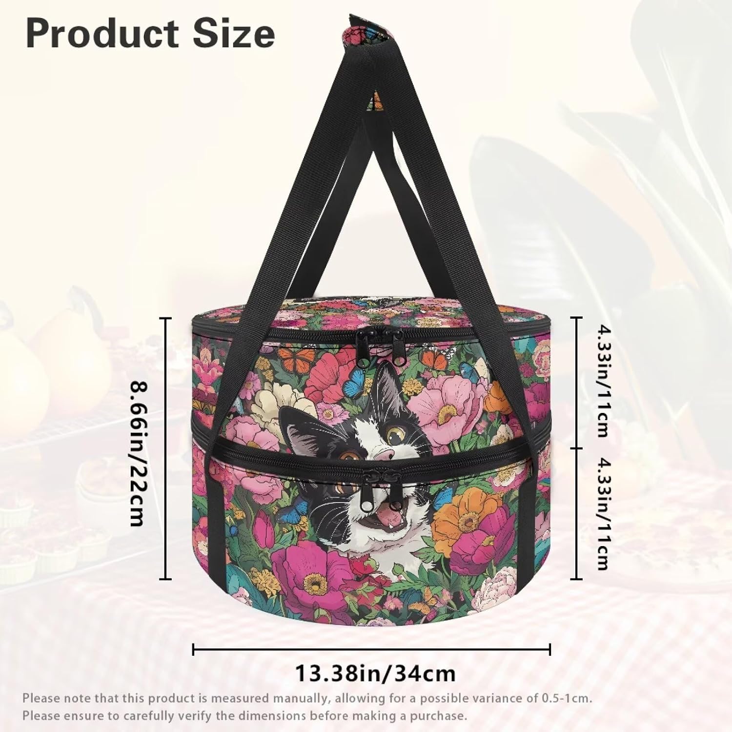 Cat Flower Round Insulated Casserole Carrier Double Pie,Food Carriers for Hot or Cold Food Travel,Lunch Bag for Hot or Cold Food