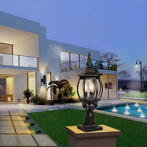 Miniatura 6 de Luz exterior de poste de 3 luces para exteriores, impermeable, con base de montaje en muelle, 22.4 pulgadas de altura, aluminio + pantalla de