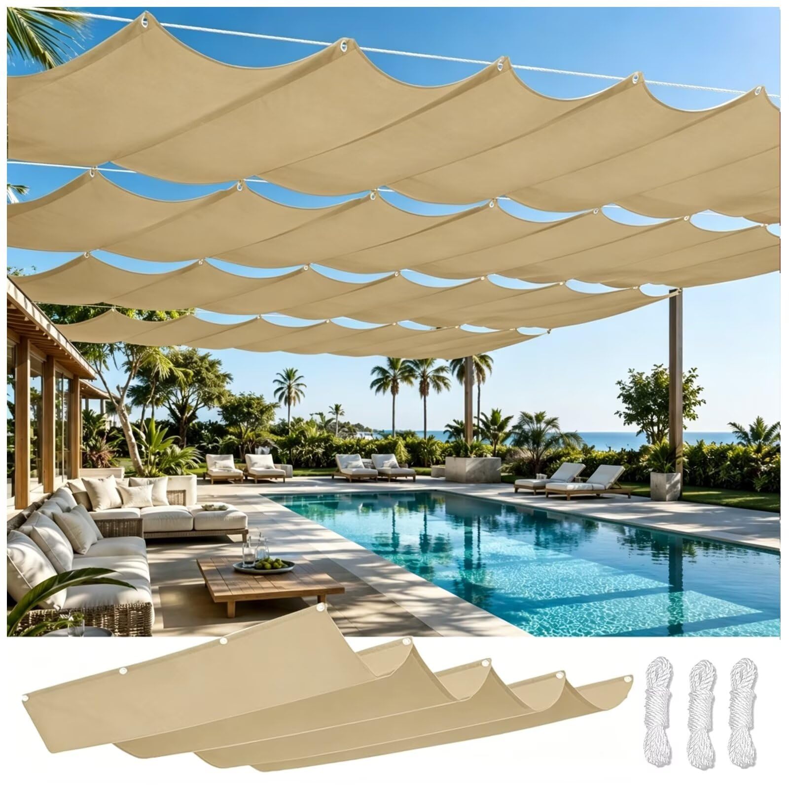 Parasol de Olas Corredizo 400x700cm, Techo Solar de Piscina Caqui | Material 230g/m² grueso: impermeable, anti-UV, escudo térmico. Cuerda de nylon flexible para un cierre suave y fácil