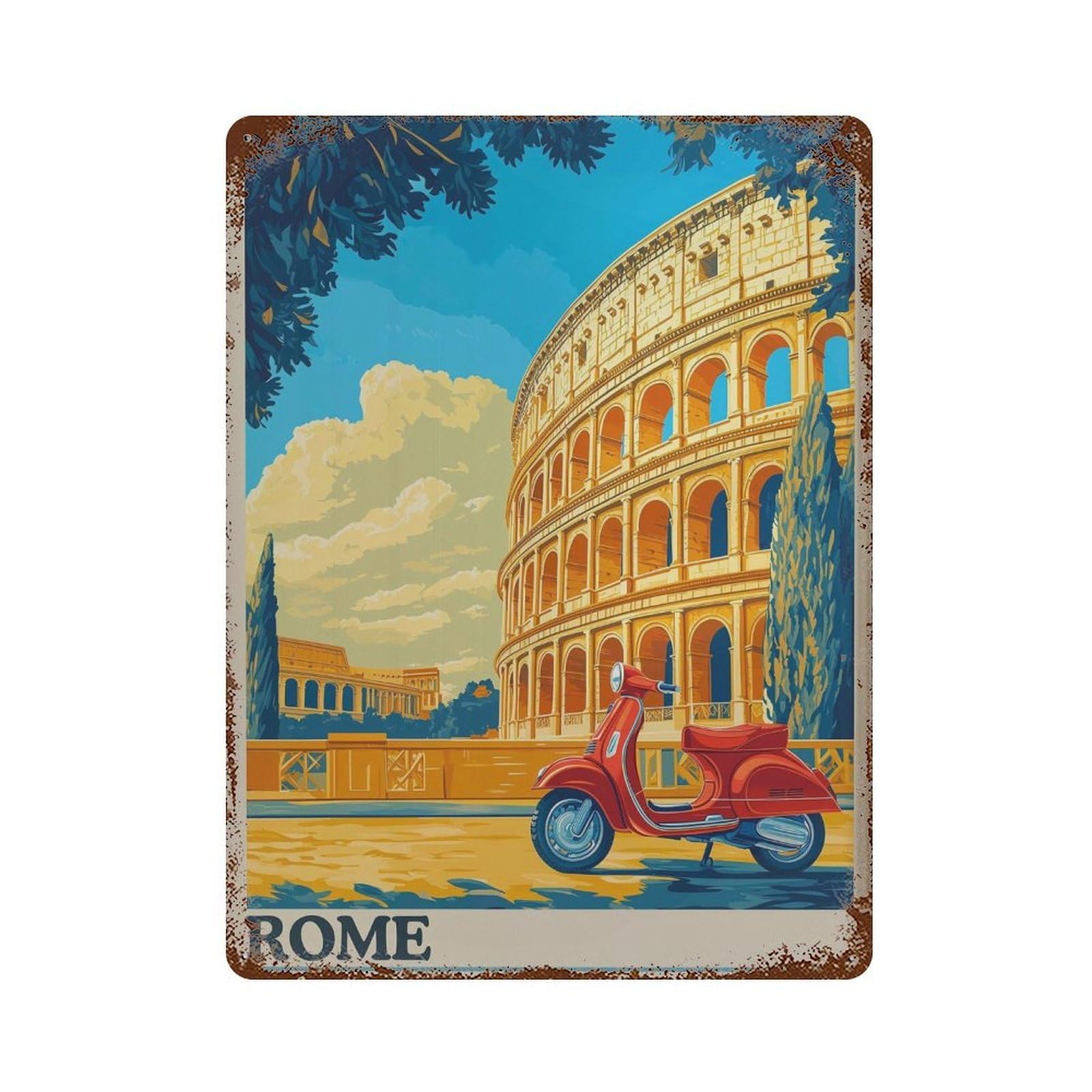 xiaoxiaoshen Rome Travel Colosseum & Scooter Italy Wall Decor Art Metal Tin Poster Modern Home Decor Art Home Bar Shop Decorations Vintage Sign 40x30cm