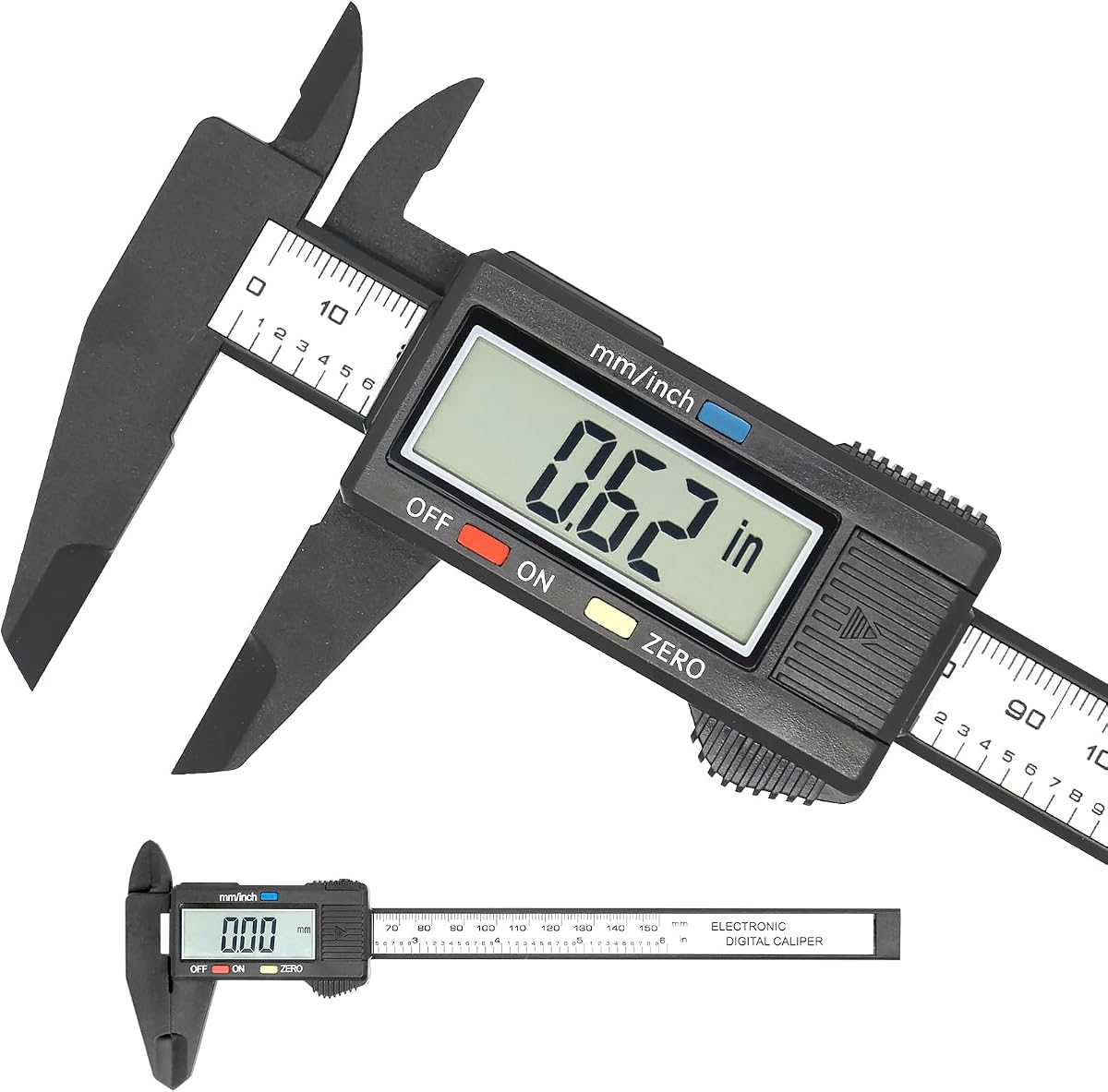 Calibrador digital electrónico, calibrador a vernier de plástico, herramienta de medición de calibrador con conversión de pulgadas/milímetros, pantalla LCD extra grande, 0-6 pulgadas/0-150 mm, regla micrométrica destacada con apagado automático