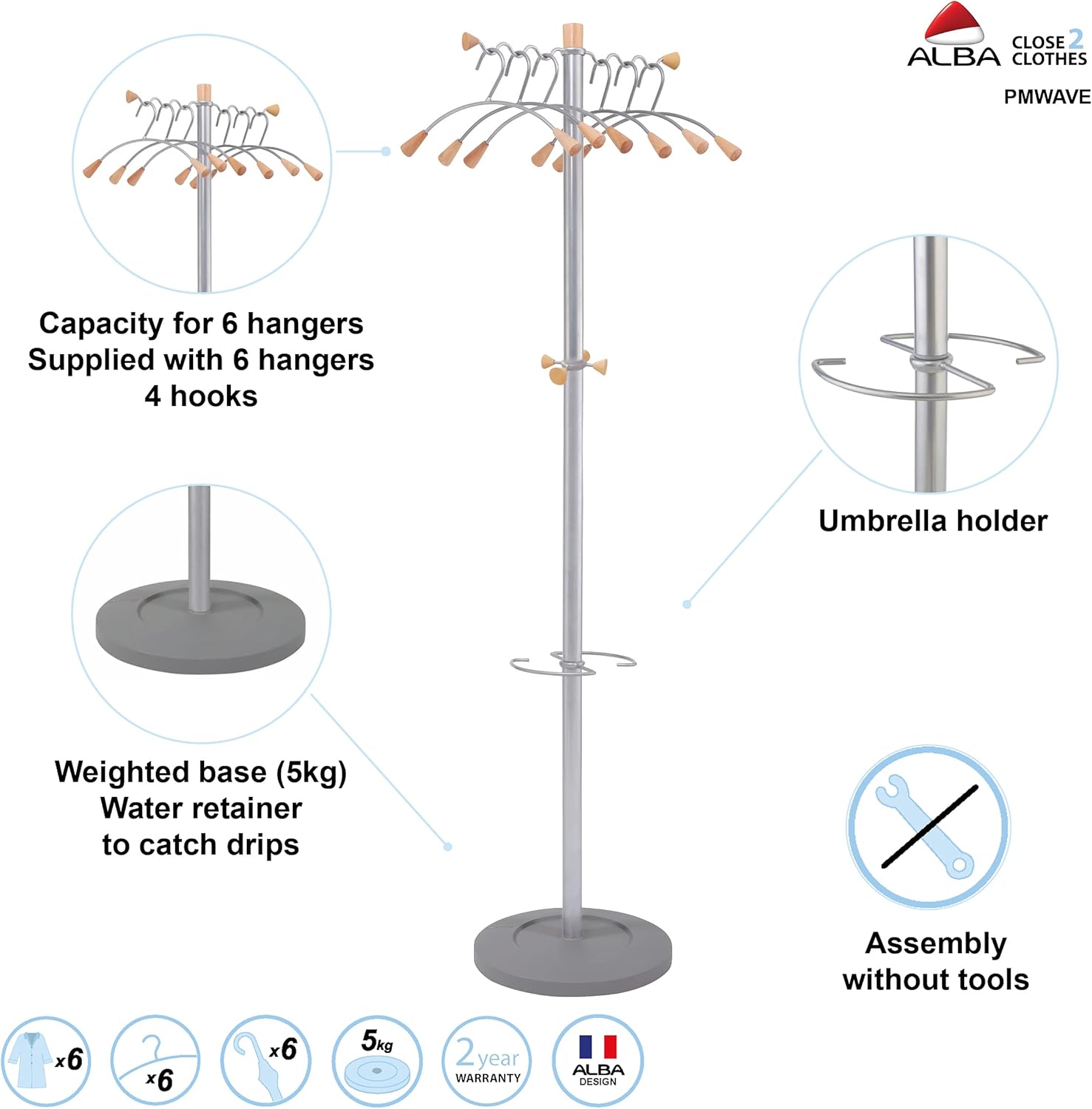 Alba PMWAVE Wavy Coat Tree, Six Hangers/Two Knobs/Four Hooks, Silver Steel/Wood